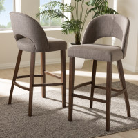 Baxton Studio Melrose-Light Grey-BS Melrose Mid-Century Modern Light Grey Fabric Upholstered Walnut Finished Wood Bar Stool (Set of 2)